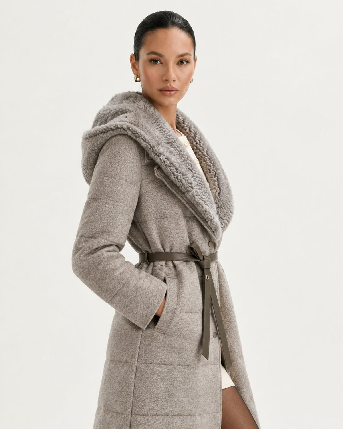 Mid-Length Striped Goose Down Jacket with Hood – view 3
