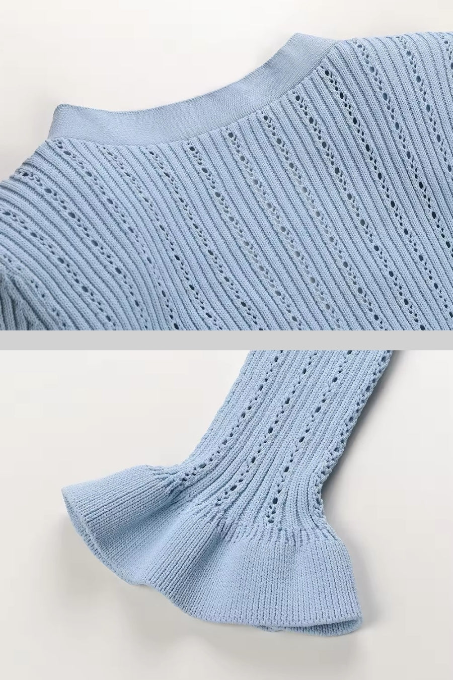 Ruffled V-Neck Knit Cardigan and Flared Knee-Length Skirt Set – Baby Blue – view 13