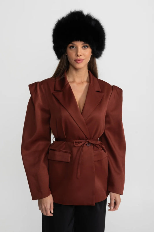 Structured Satin Blazer with Tie Belt – Chestnut Brown