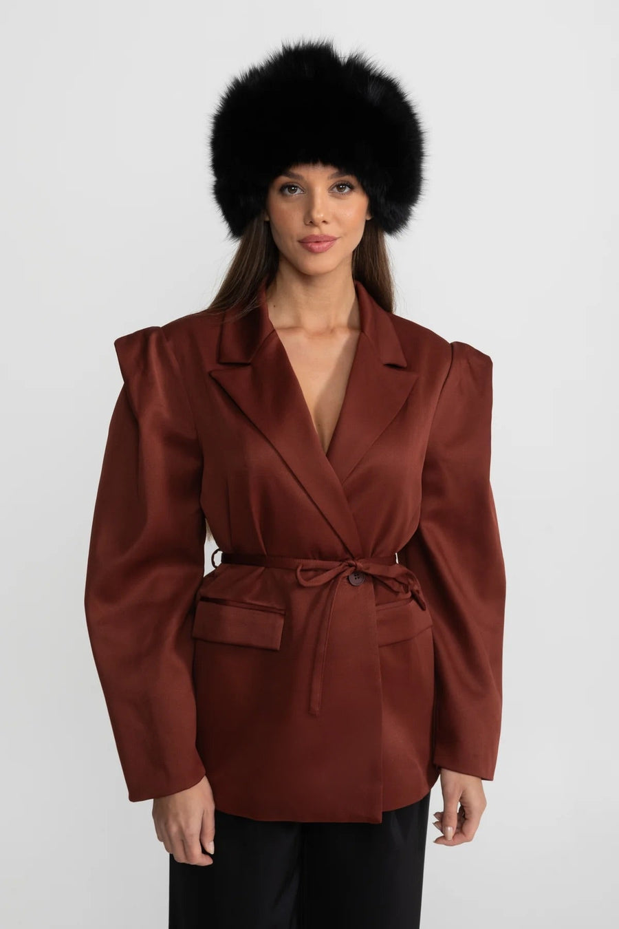 Structured Satin Blazer with Tie Belt – Chestnut Brown