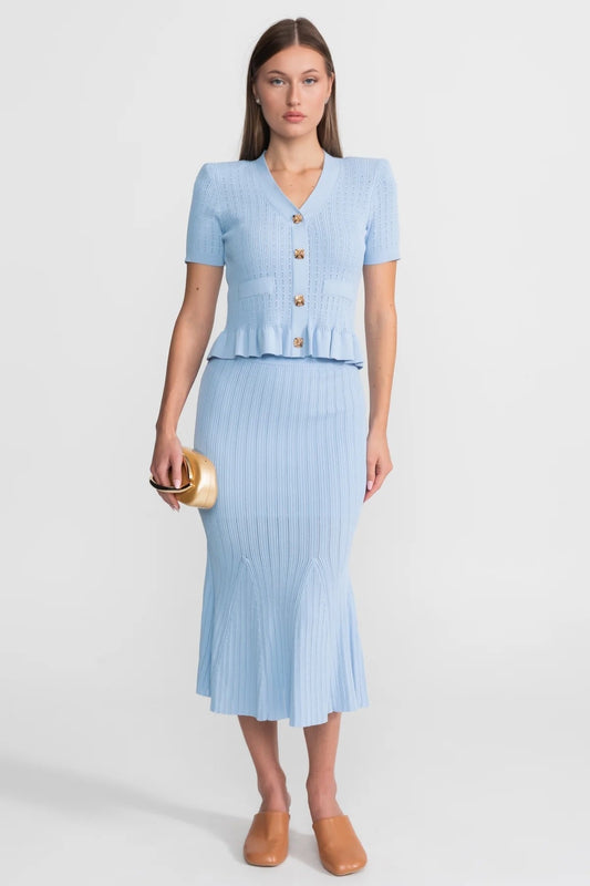 Ribbed Knit Peplum Top and Midi Skirt Co-ord with Gold Buttons – Baby Blue
