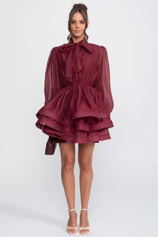 High Neck Bow Puff Sleeve Mini Dress with Tiered Ruffle Skirt – Wine