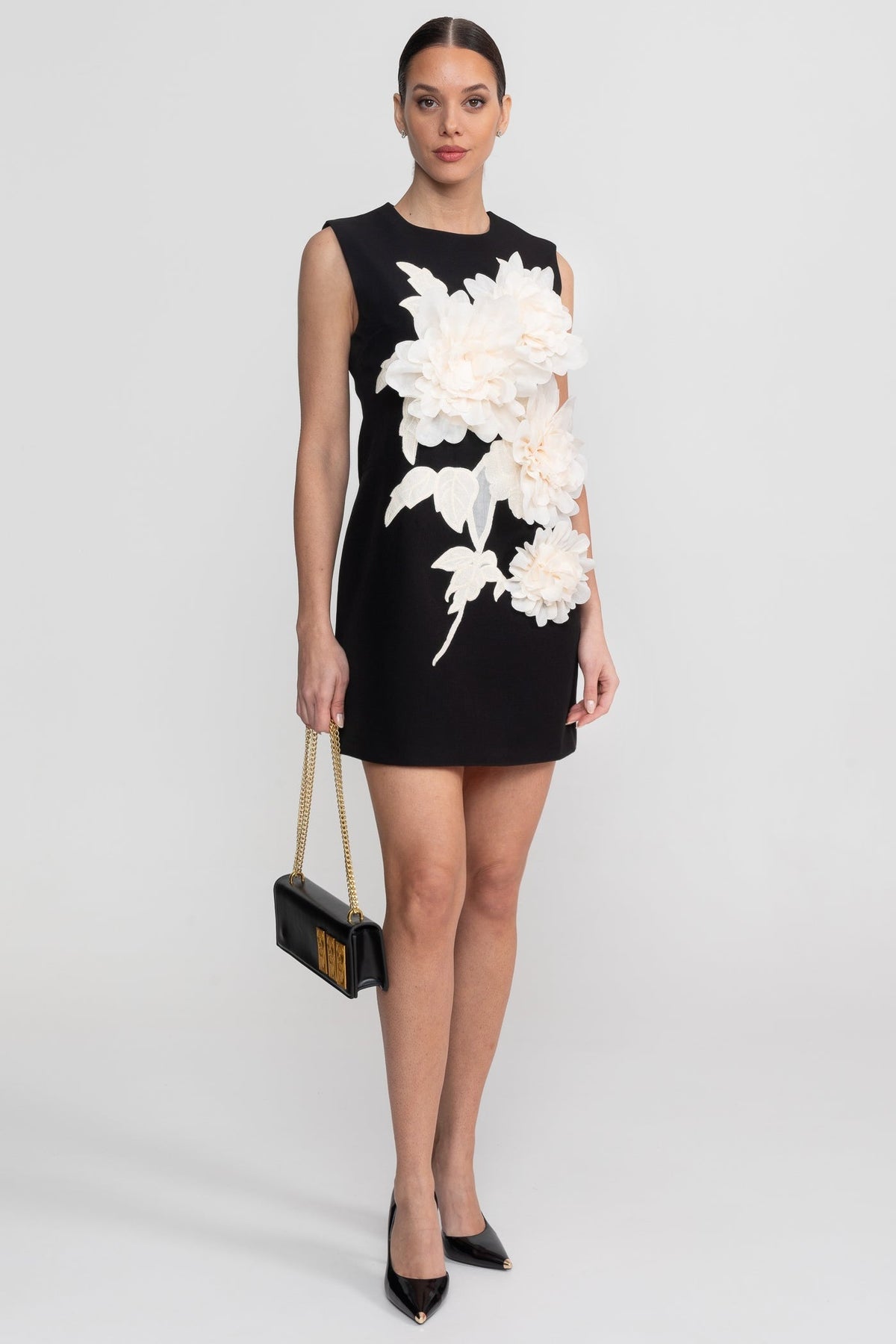 Round Neck 3D Floral Appliqué Mini Dress with Wide Straps – Black