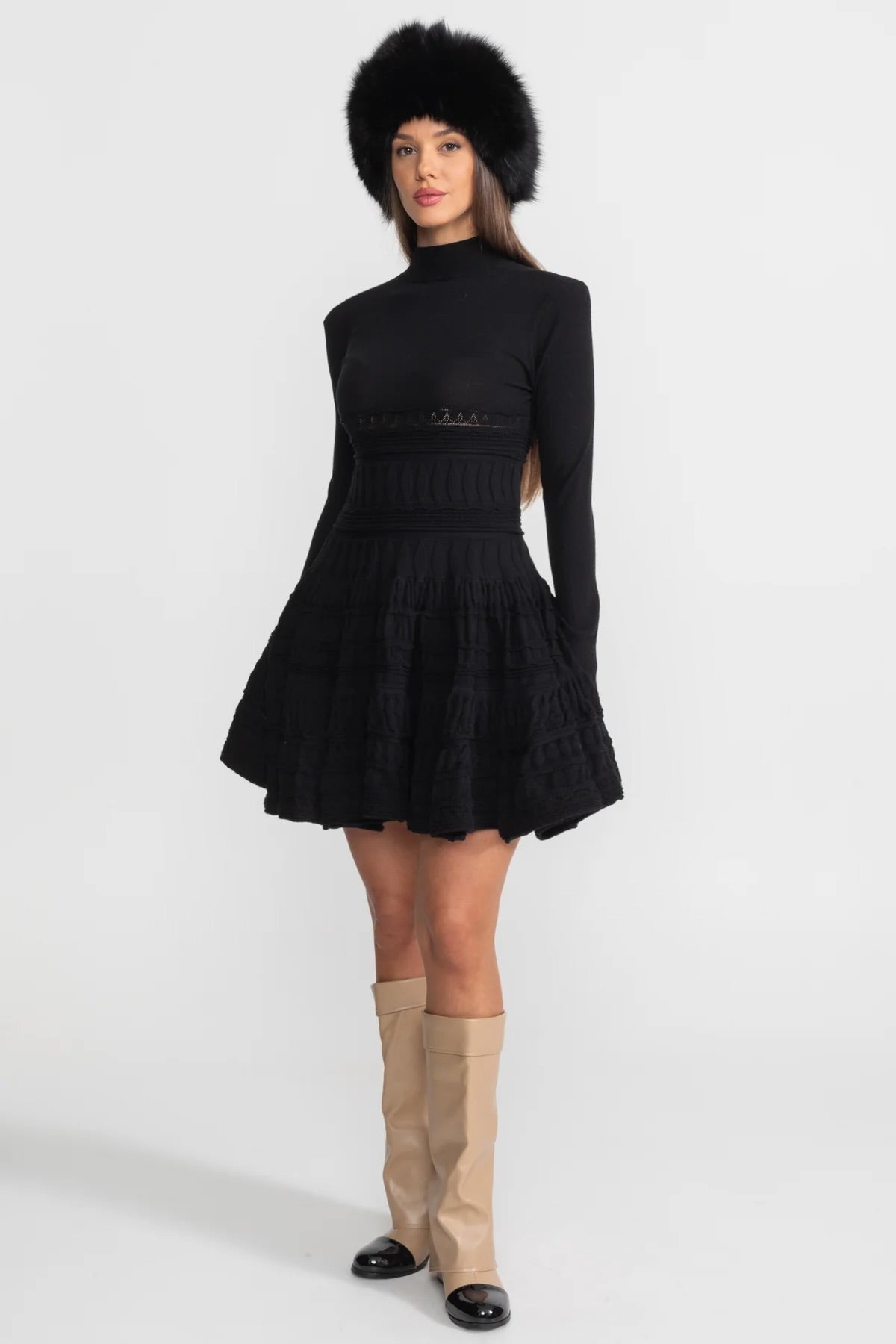 High Neck Long Sleeve Textured Knit Mini Dress with Flared Skirt – Black – view 3