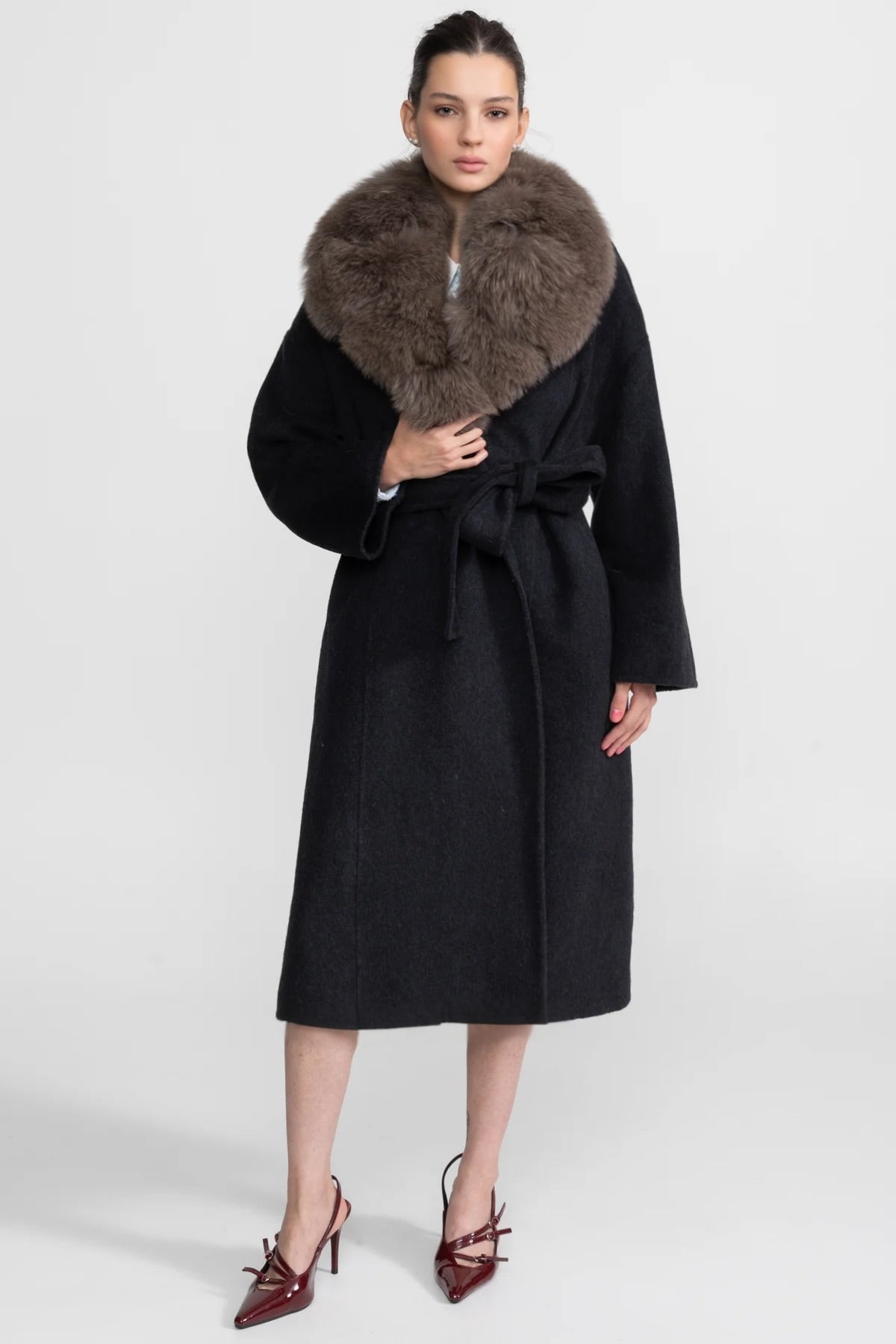 Double-Faced Wool Wrap Coat with Collar Trim and Tie Belt – Black/Brown – view 5