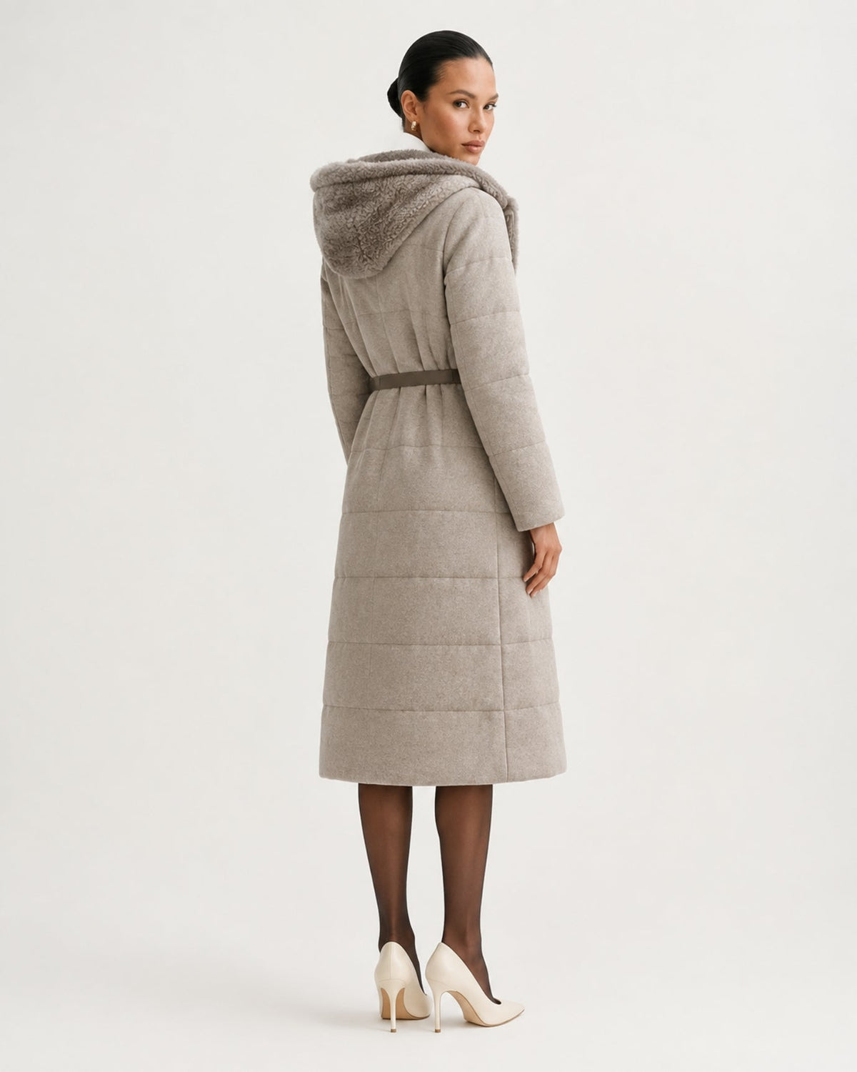 Mid-Length Striped Goose Down Jacket with Hood – view 4