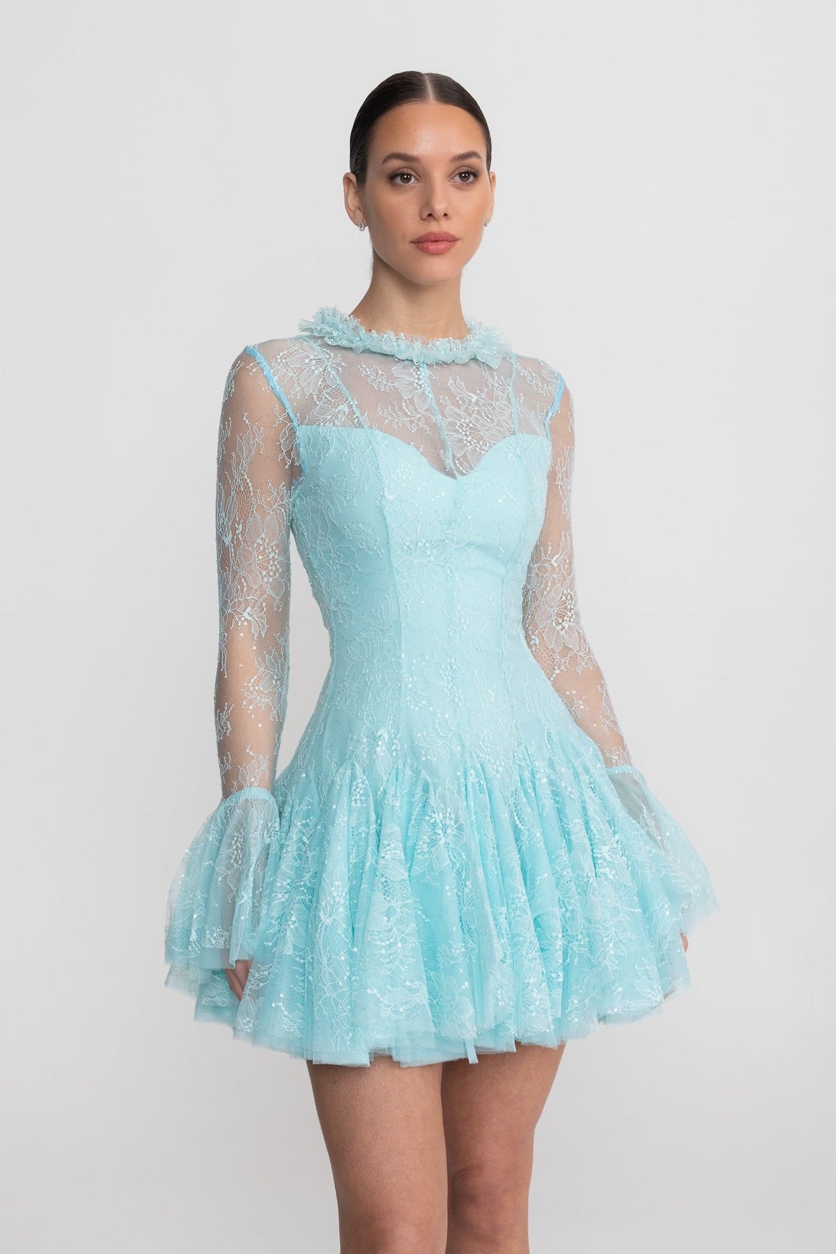 Sheer Lace High Neck Long Sleeve Mini Dress with Ruffled Hem – Teal