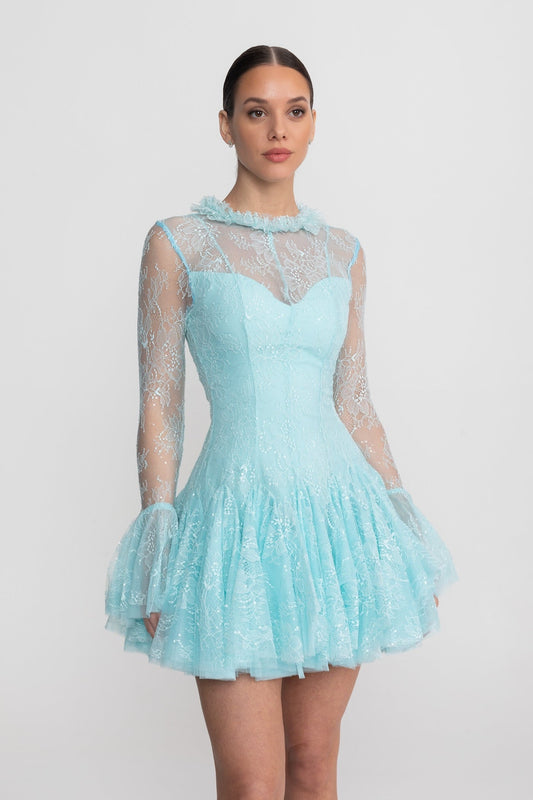 Sheer Lace High Neck Long Sleeve Mini Dress with Ruffled Hem – Teal