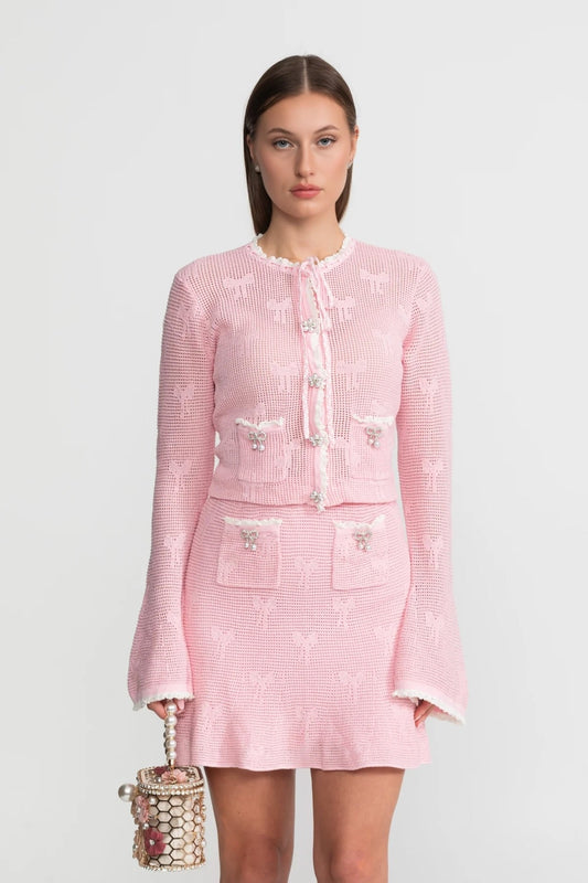 Bow Pattern Knit Mini Skirt Co-ord Set with Pearl Buttons – Baby Pink