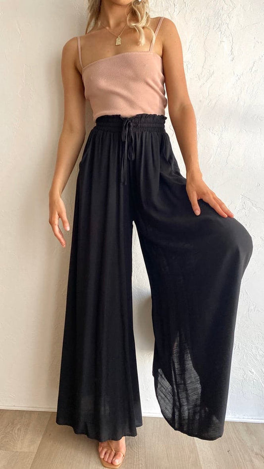 Avery Wide Leg Drawstring Waist Rayon Trousers – Black