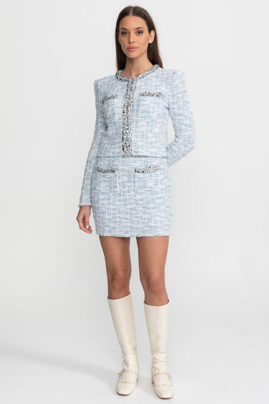 Crystal Trim Tweed Jacket and Mini Skirt Co-ord Set – Light Blue