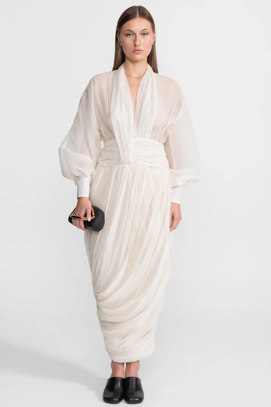Chiffon Maxi Dress with Halter Collar and Bishop Sleeves – Ivory