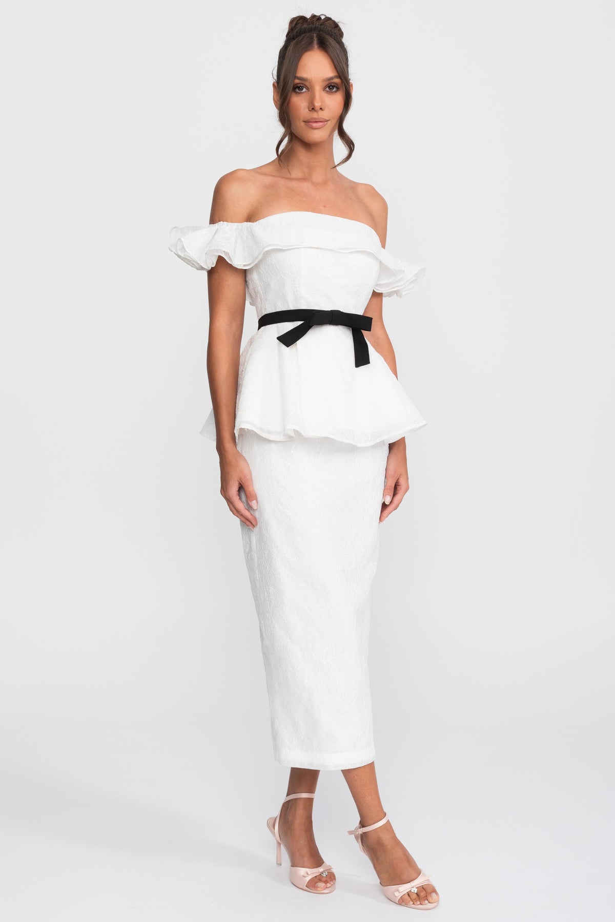 Sequin Off-Shoulder Peplum Top and Pencil Midi Skirt Set with Ribbon Bow – White – view 2