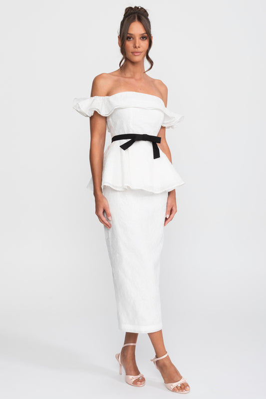 Sequin Off-Shoulder Peplum Top and Pencil Midi Skirt Set with Ribbon Bow – White – view 2