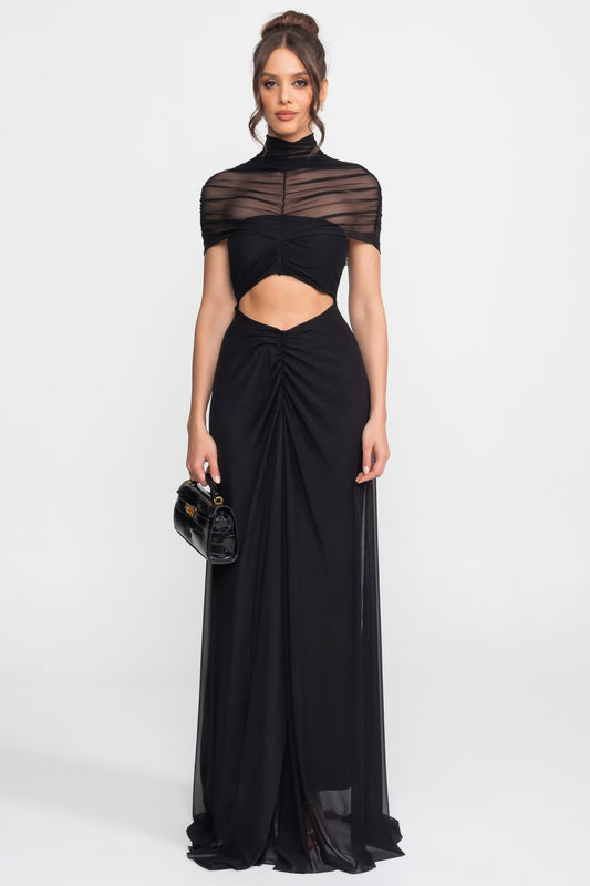 Ruched Off-the-Shoulder Cape Maxi Dress with Cut-Out Waist – Black