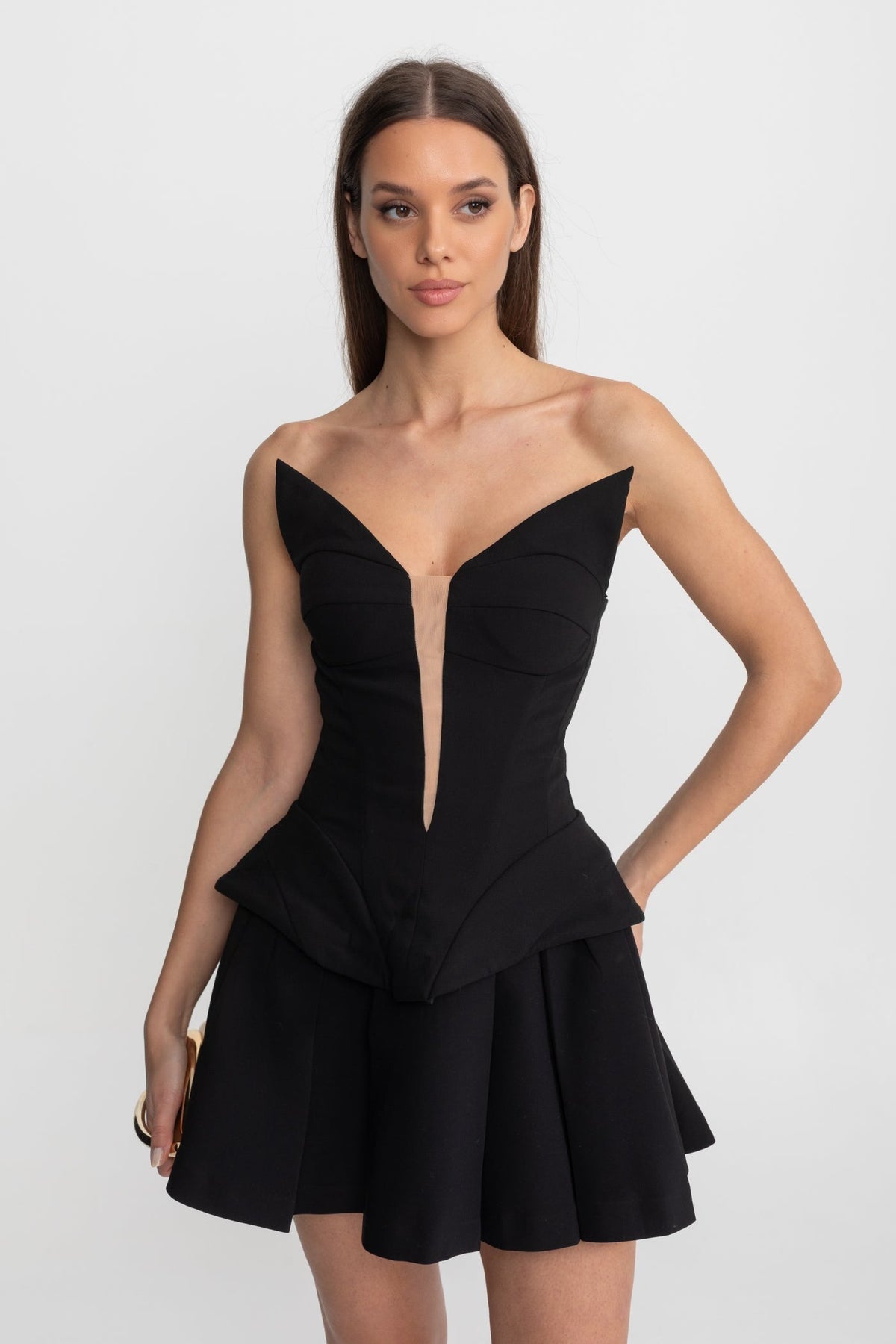 Strapless Sculpted Corset Bodice Top with Illusion Insert – Black – view 3