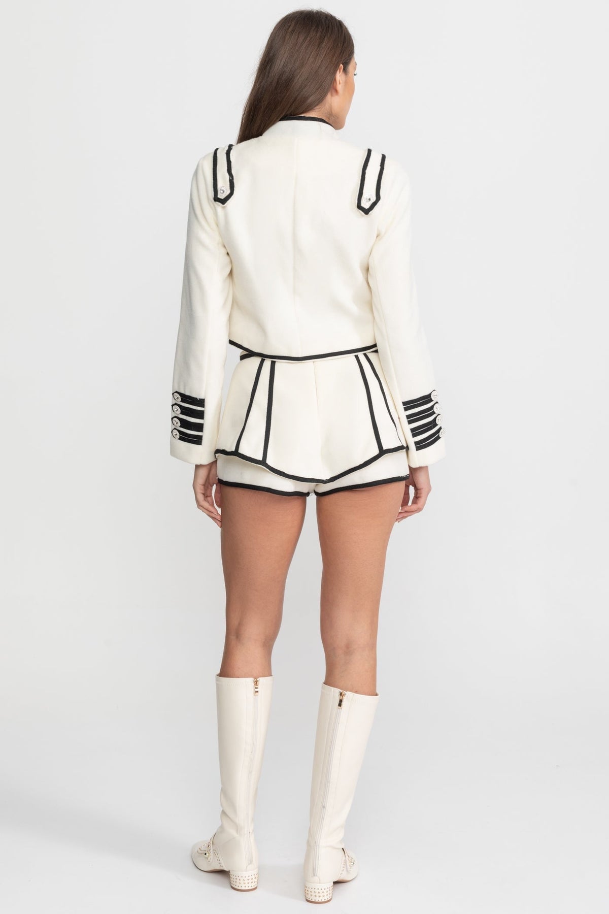 Contrast Trim Cropped Jacket and Mini Skirt Set with Crystal Buttons – Ivory – view 5