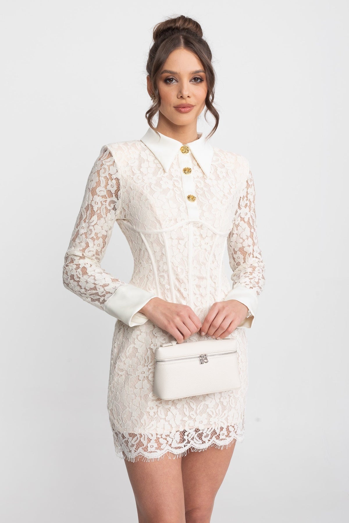 Long Sleeve Stretch Lace Mini Dress with Gold Buttons and Scallop Hem – Ivory – view 2