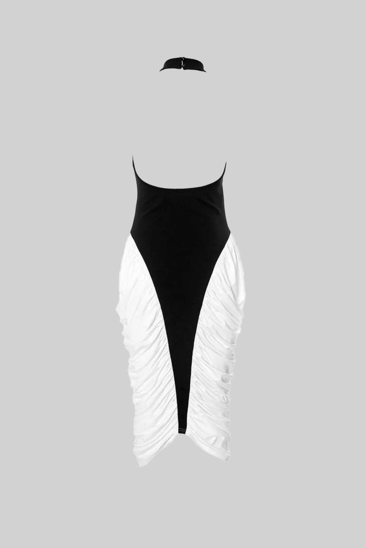 Two-Tone Ruched Halter Midi Dress in Crepe and Satin – Black & White – view 3