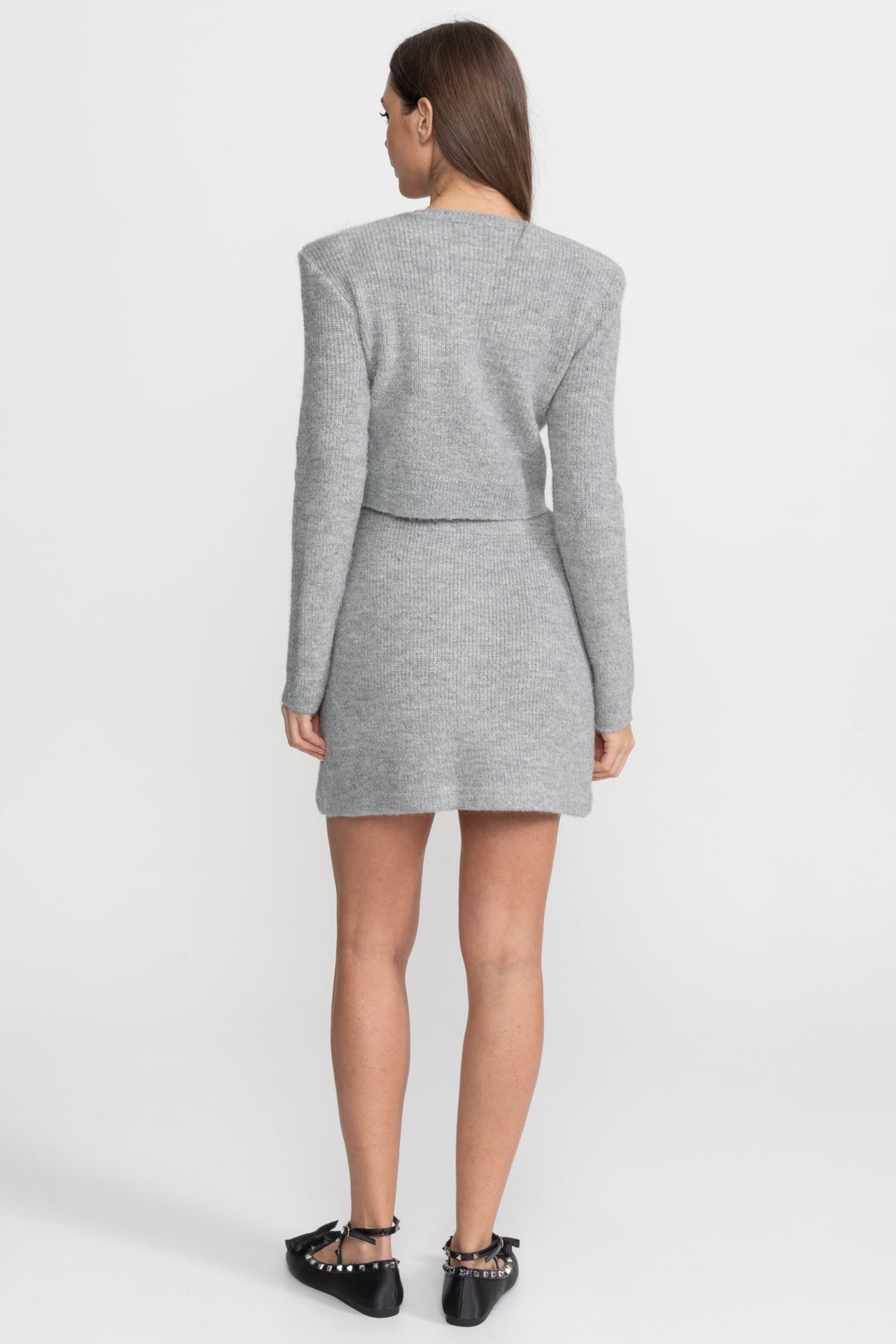 Embellished Knit Cardigan and Mini Skirt Co-ord Set with Crystal Buttons – Grey – view 6