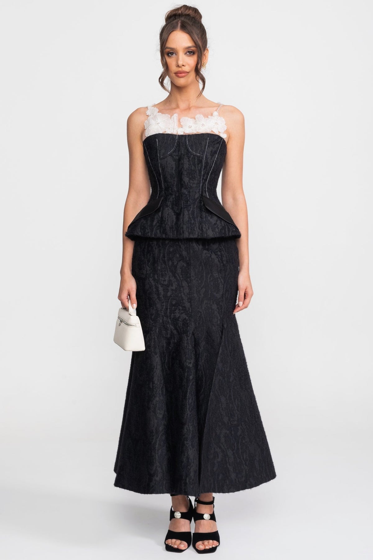 Jacquard Peplum Top and Maxi Skirt Set with Sheer Floral Neckline – Black
