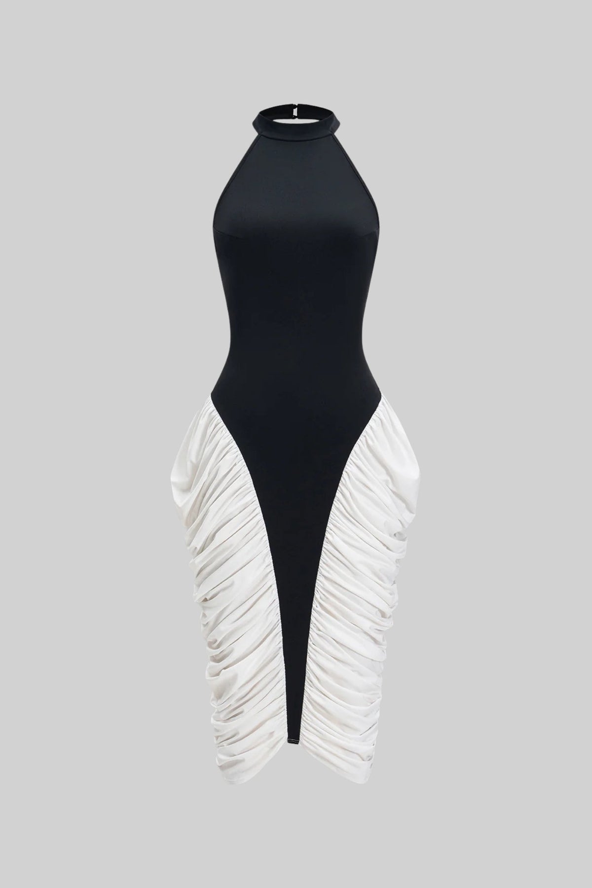 Two-Tone Ruched Halter Midi Dress in Crepe and Satin – Black & White – view 2