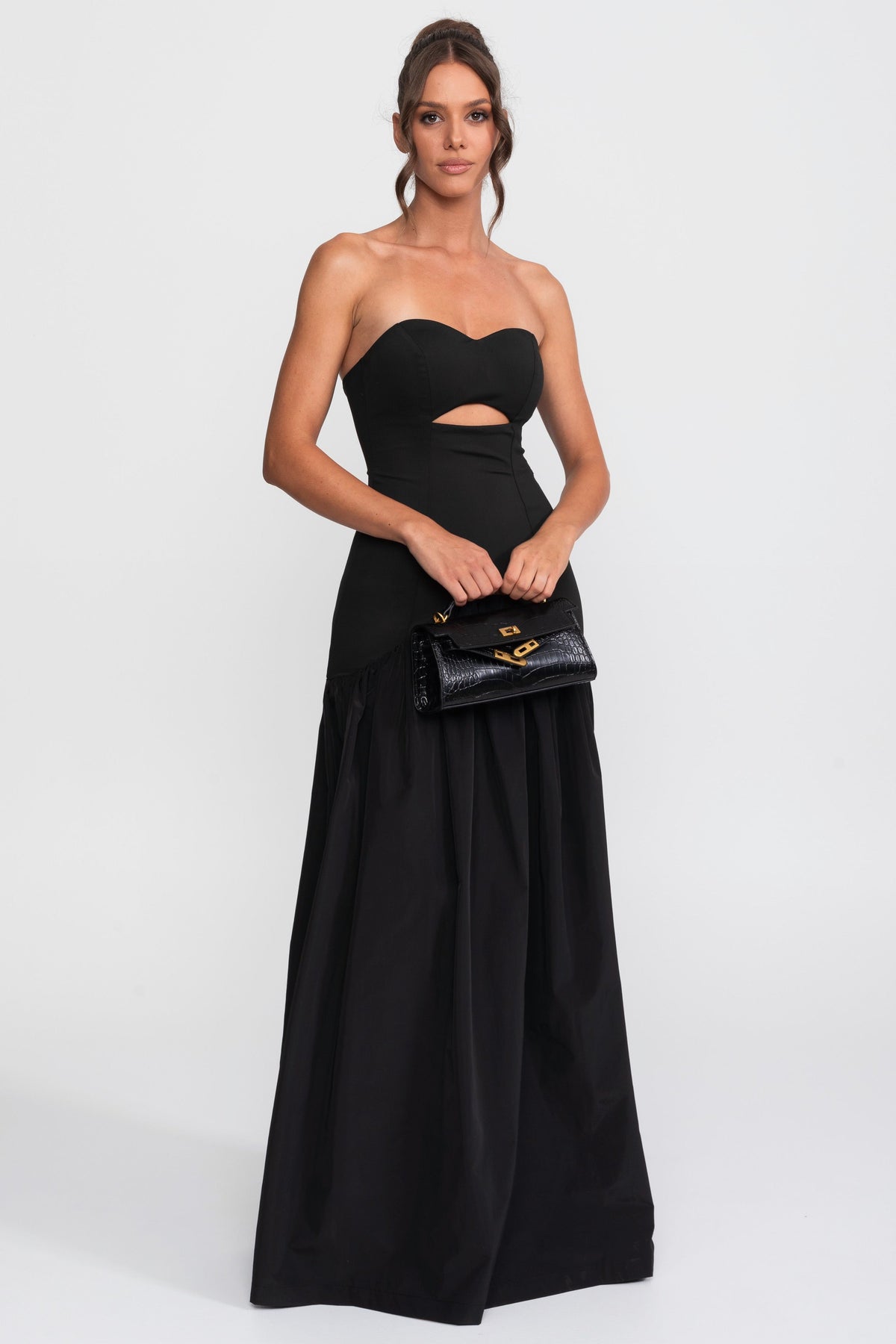Strapless Sweetheart Drop Waist Gown with Gathered Skirt – Black – view 2