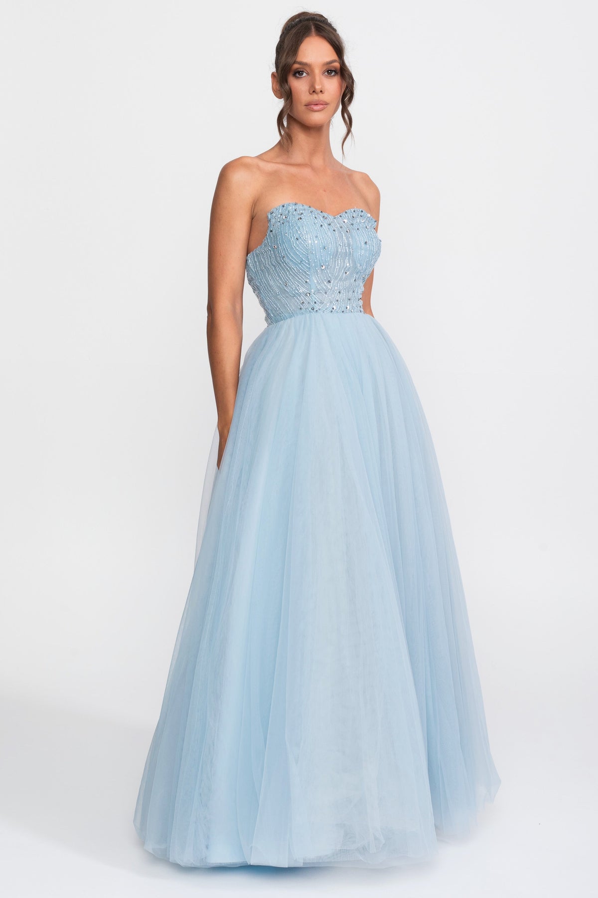 Strapless Sweetheart Tulle Ball Gown with Sequin Embellishment – Light Blue – view 2
