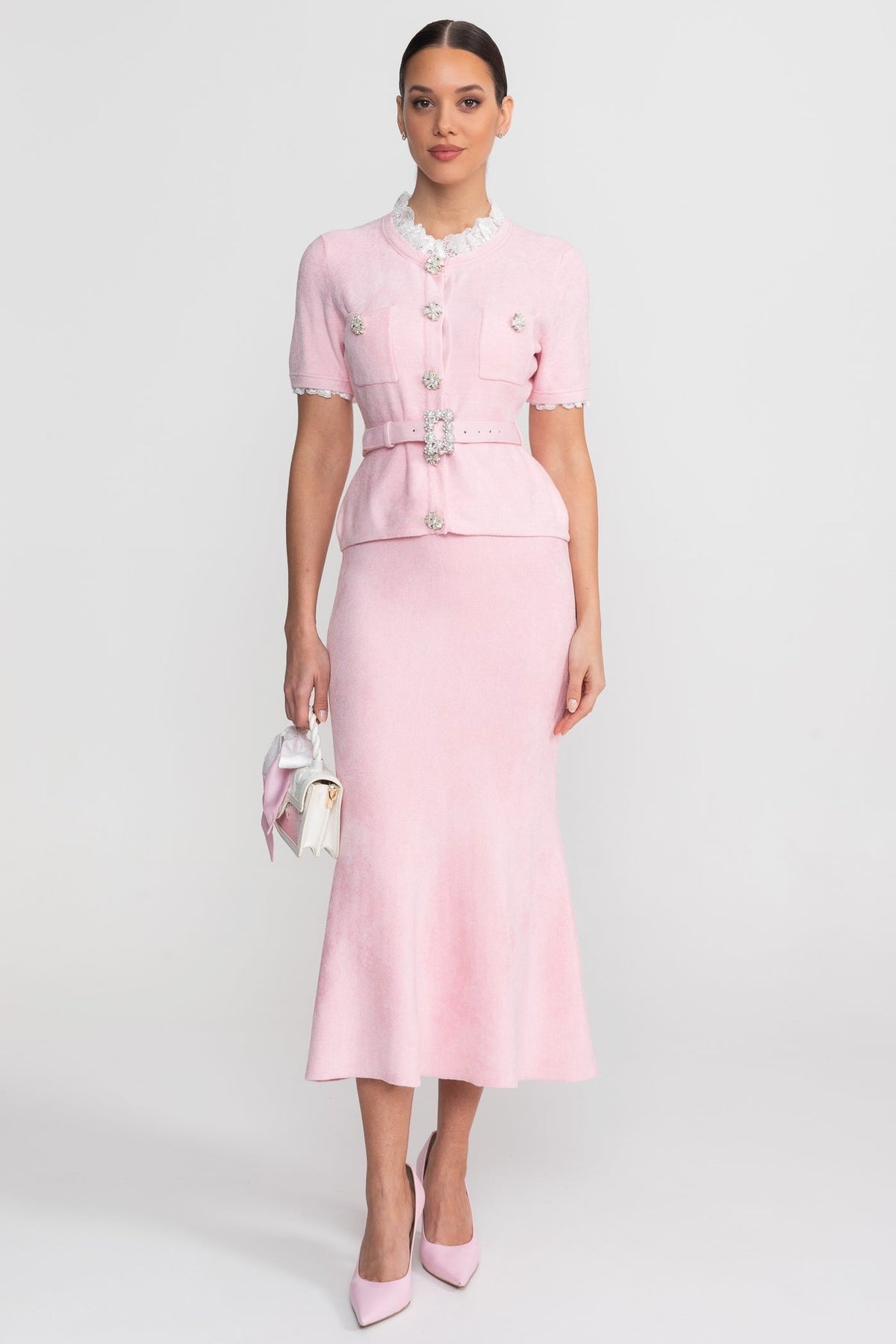 Peplum Knit Top and Fluted Midi Skirt Set with Crystal Belt – Blush Pink – view 1