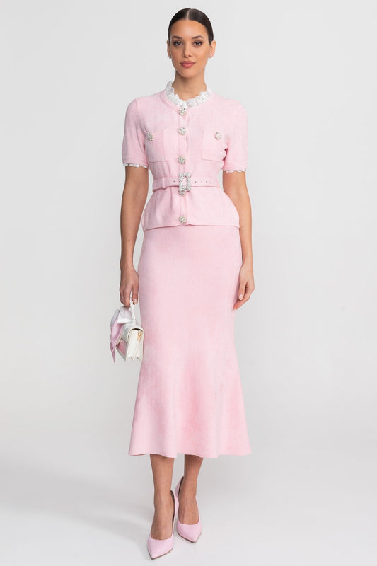 Peplum Knit Top and Fluted Midi Skirt Set with Crystal Belt – Blush Pink