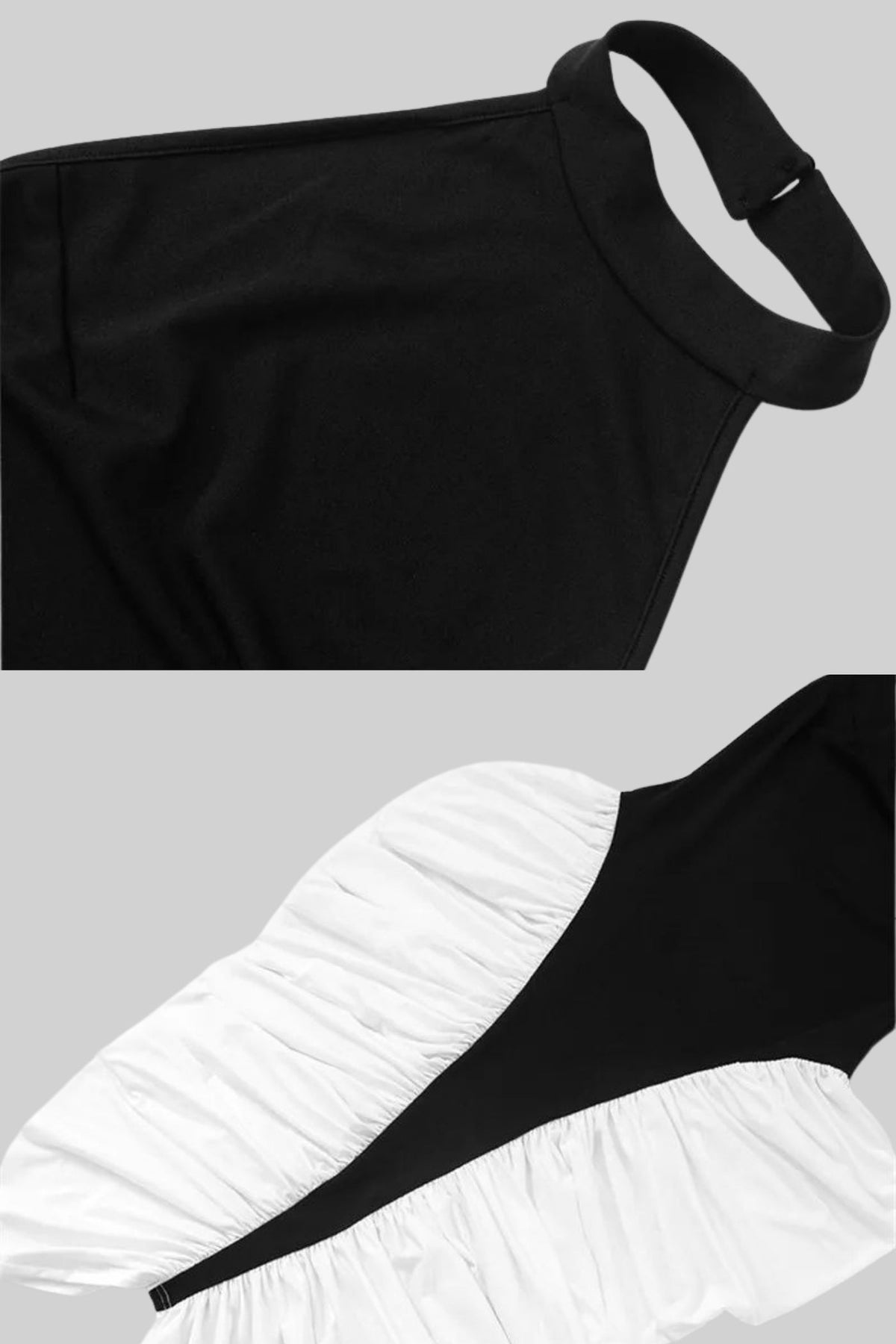 Two-Tone Ruched Halter Midi Dress in Crepe and Satin – Black & White – view 4
