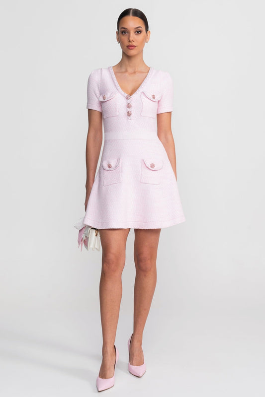Bouclé-Style Knit V-Neck A-Line Mini Dress with Jewel Buttons – Pink