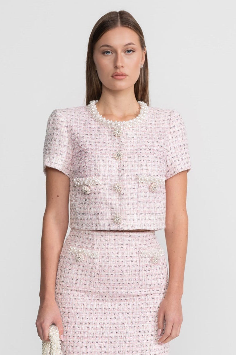 High Waisted Tweed Midi Skirt with Pearl Trim Buttons – Pink – view 2