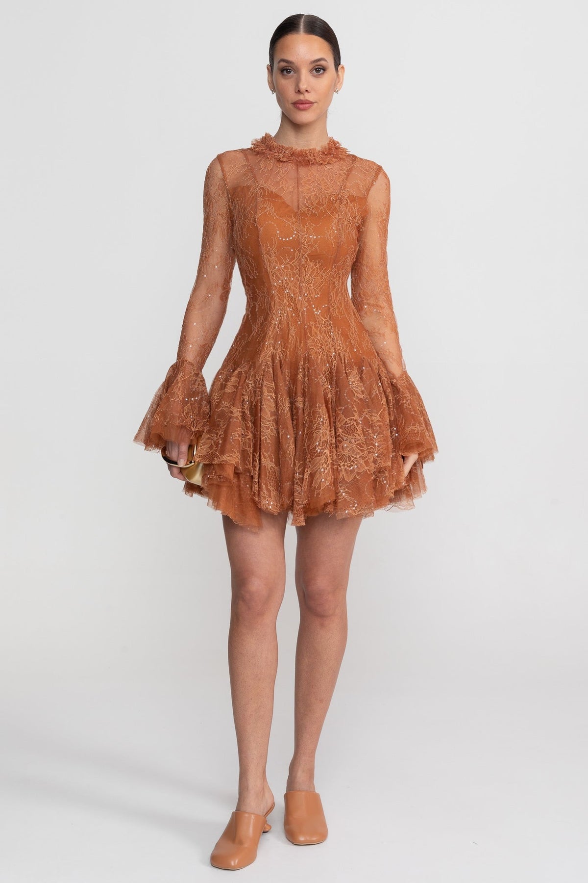 Sheer Lace High Neck Long Sleeve Mini Dress with Ruffled Hem – Rust – view 3