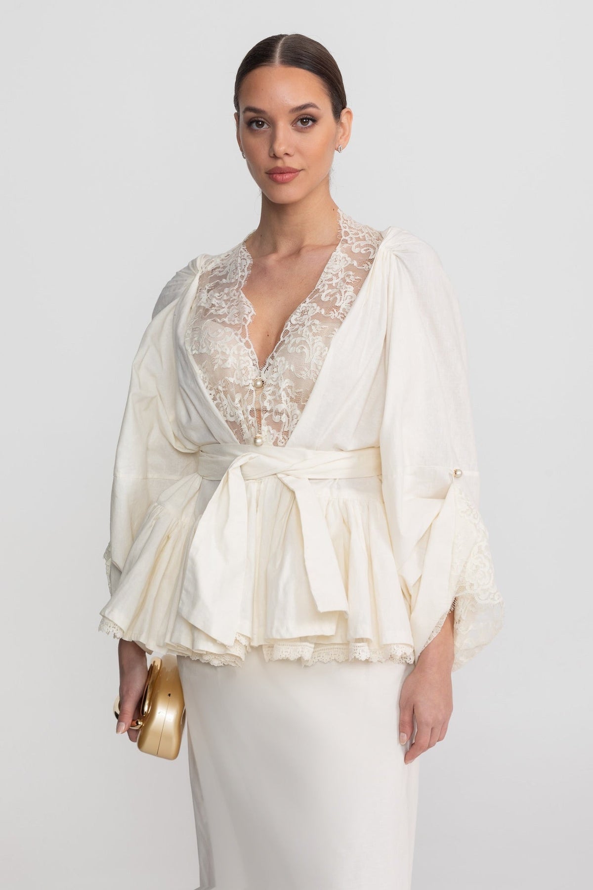 Belted Peplum Blouse and Midi Skirt Co-ord Set with Lace Inserts – Ivory