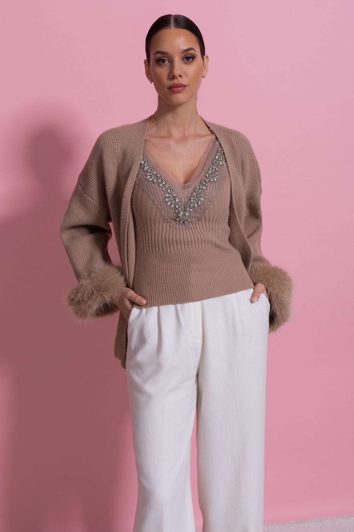 Crystal Knit Camisole and Longline Cardigan Set with Feather Cuffs – Beige – view 7