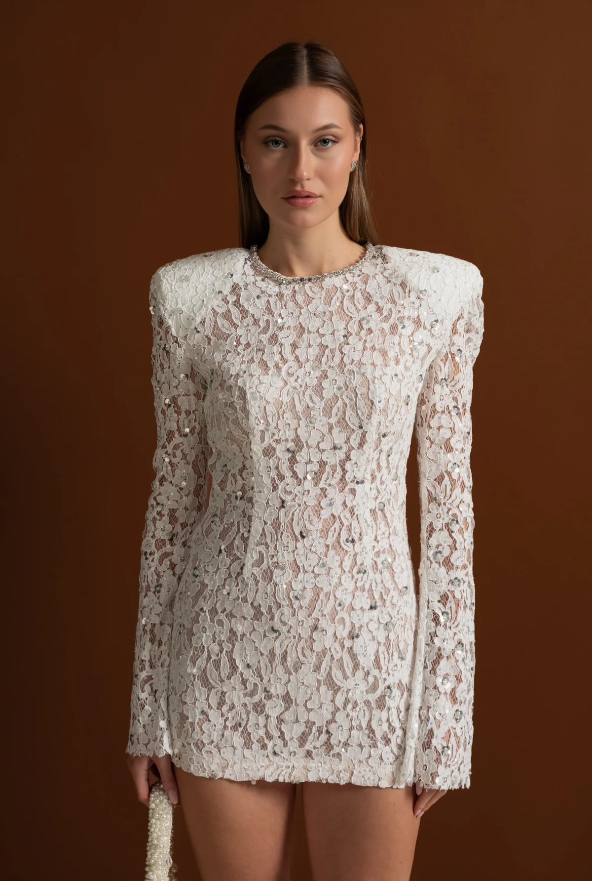 Long Sleeve Sequin Lace Mini Dress with Structured Shoulders – White – view 4