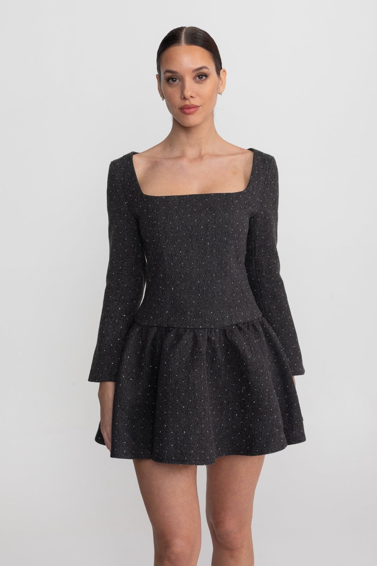 Long Sleeve Mini Dress with Stand Collar and Detachable Cape – Charcoal – view 6