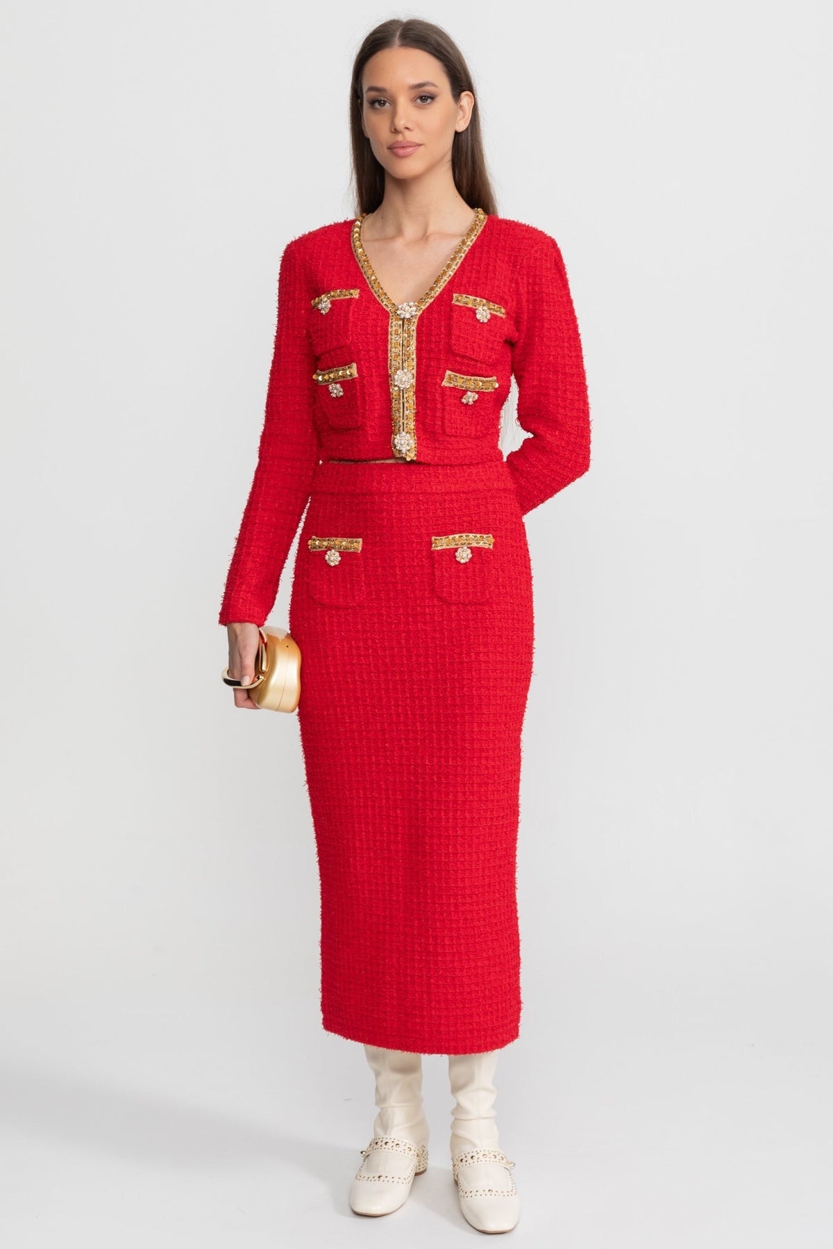 Gold Trim Tweed Cropped Jacket and Midi Skirt Set – Red – view 1