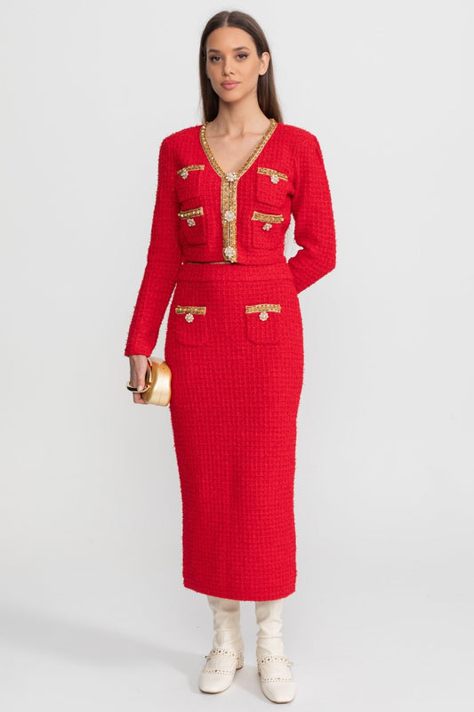 Gold Trim Tweed Cropped Jacket and Midi Skirt Set – Red