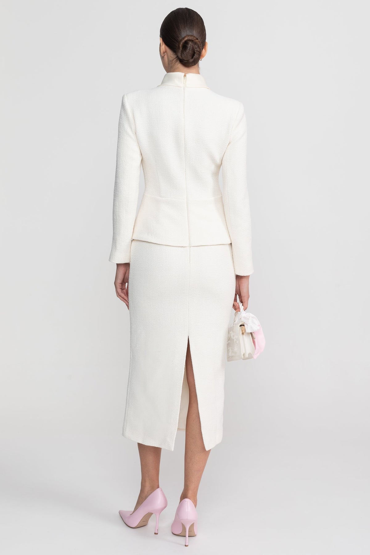 High Neck Bouclé-Style Midi Dress with Crystal Buttons – White – view 10