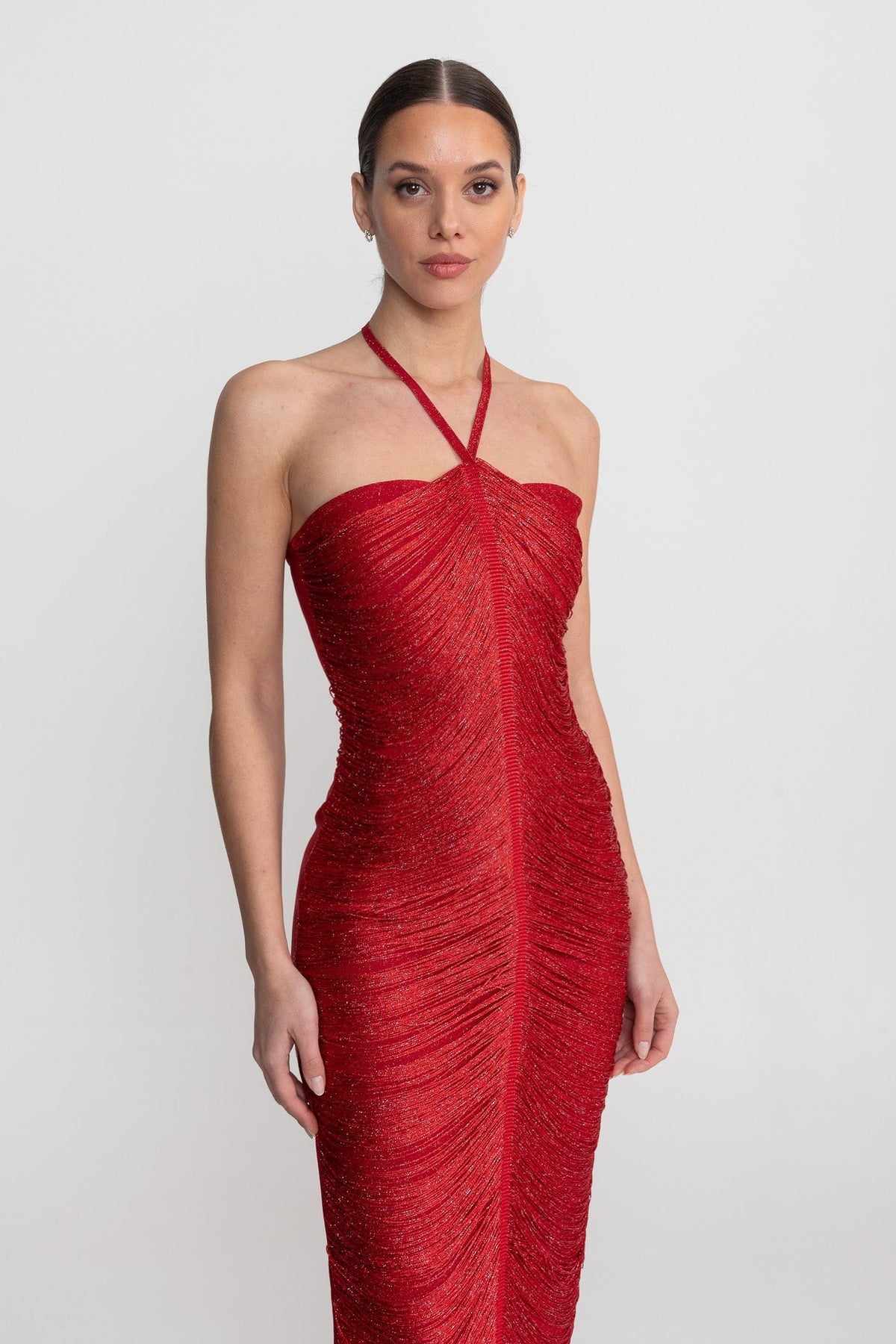 Pleated Halter Neck Body-Contouring Dress with Front Slit – Red – view 4