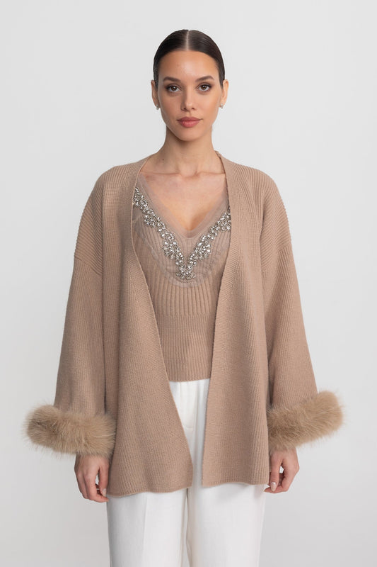 Crystal Knit Camisole and Longline Cardigan Set with Feather Cuffs – Beige