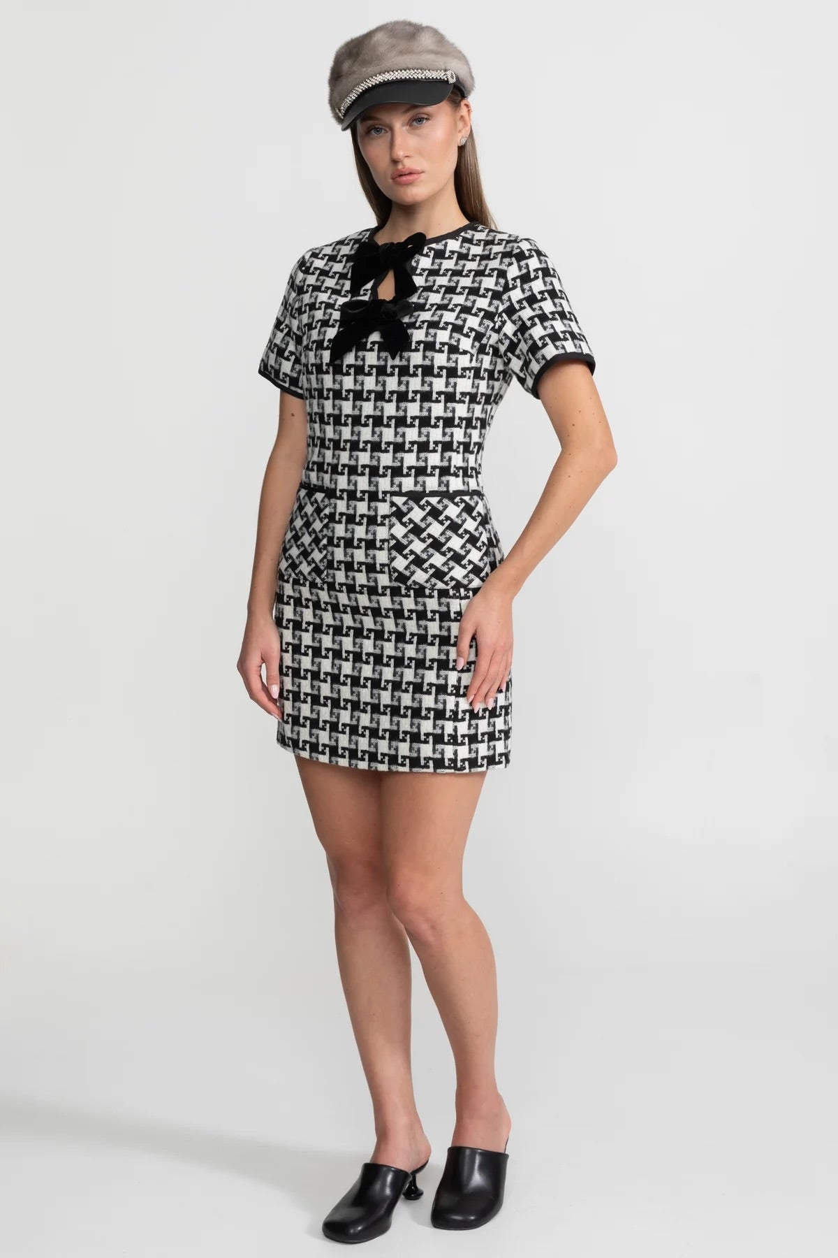 Check Tweed Mini Dress with Keyhole Neck and Velvet Bows – Black & White – view 2