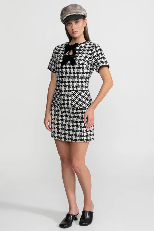 Check Tweed Mini Dress with Keyhole Neck and Velvet Bows – Black & White – view 2
