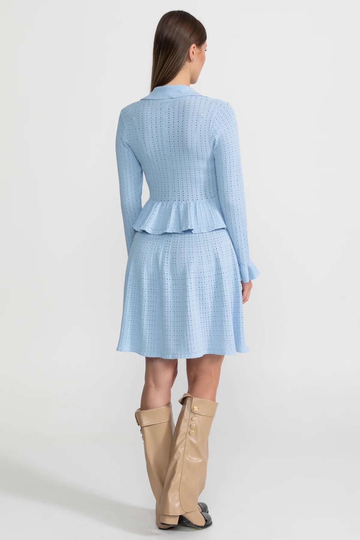 Collared Knit Mini Dress with Peplum Waist and Gold Buttons – Light Blue – view 5