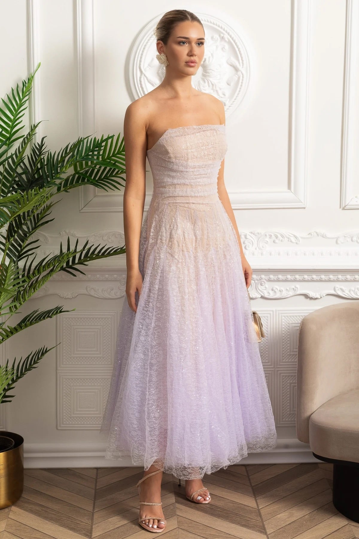 Strapless A-Line Midi Dress with Shimmering Tulle Overlay – Lilac Gradient – view 3