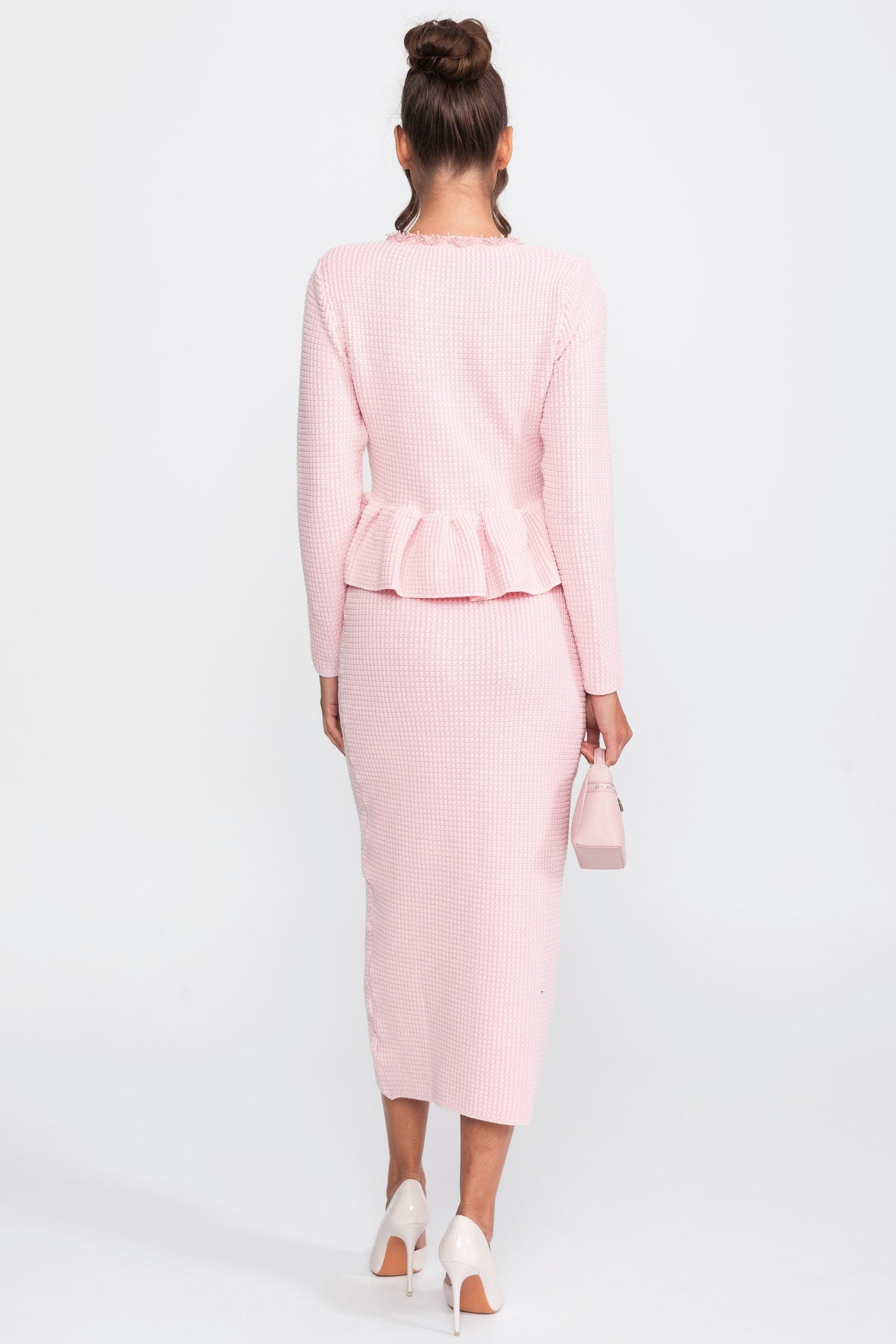 Fringe Trim Long Sleeve Knit Peplum Pencil Dress with Pockets – Pink – view 7