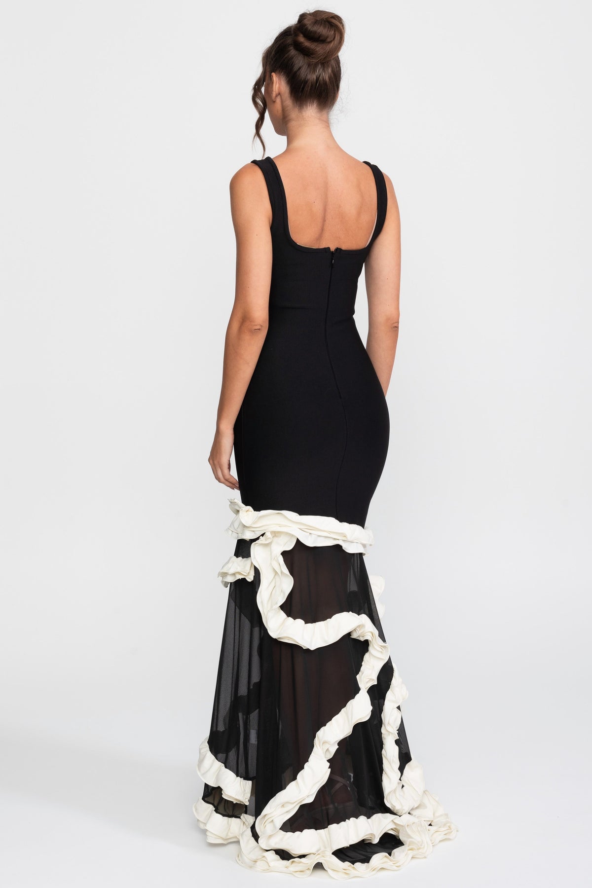 Square Neck Bodycon Dress with Contrast Tiered Ruffle Hem – Black – view 3
