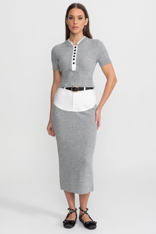 Short Sleeve Knit Top and Midi Skirt Co-ord with Shirt Insert – Grey